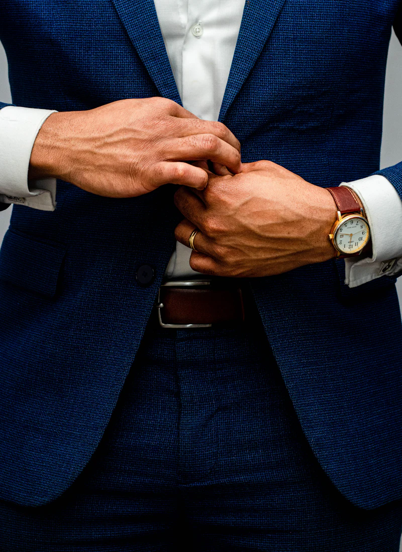 Man adjusting a royal navy three-piece suit