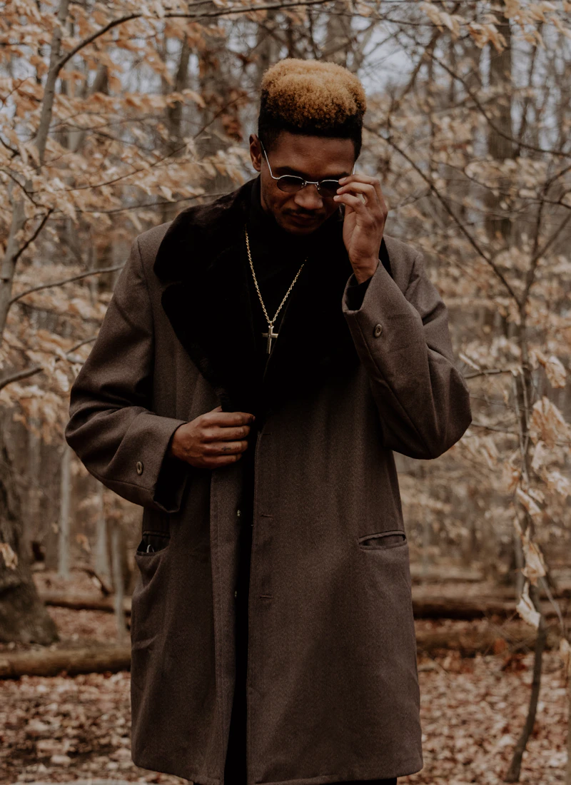 Man wearing a dark chocolate wool overcoat